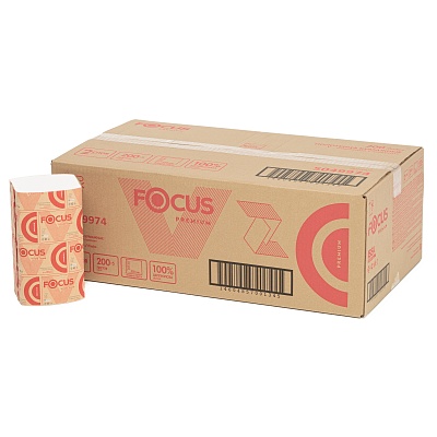 Полотенца бумажные в листах 23x20,5см Focus Premium 2х слойные, V сложение, H3, 200 шт (ПЭТ) 5083740/5049974 (х1/15)